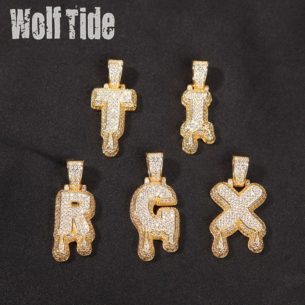 Custom Iced Out Initial Drop Letter Name Pendant Necklace Bling CZ Stone Cubic Zirconia Cursive Charms Jewelry Valentine Christmas Birthday Gift for M