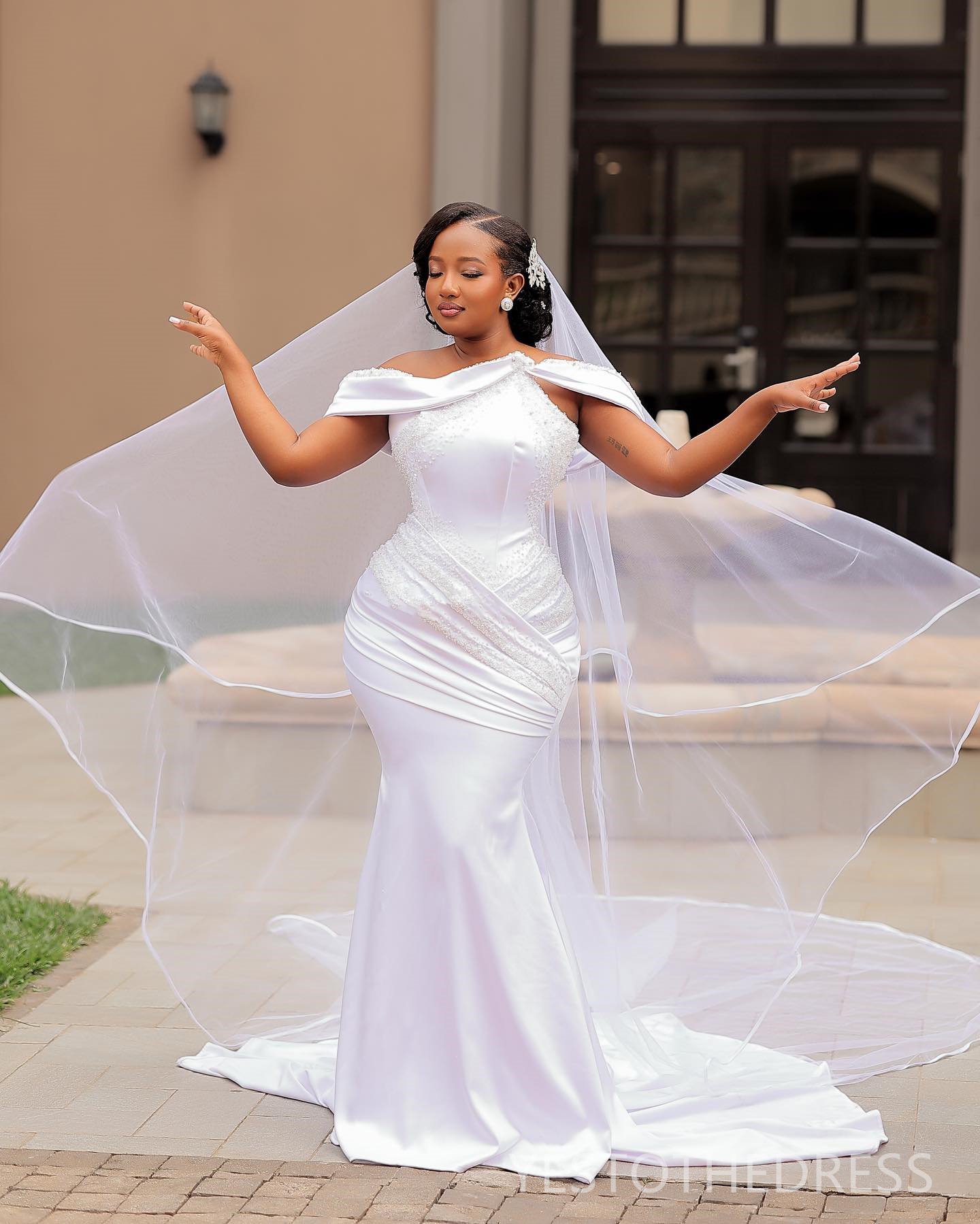 R&W 2024 Plus Size Aso Ebi Mermaid Dress Bridal Bride Pearls Beaded Pleated Wedding Gowns for Marriage D290