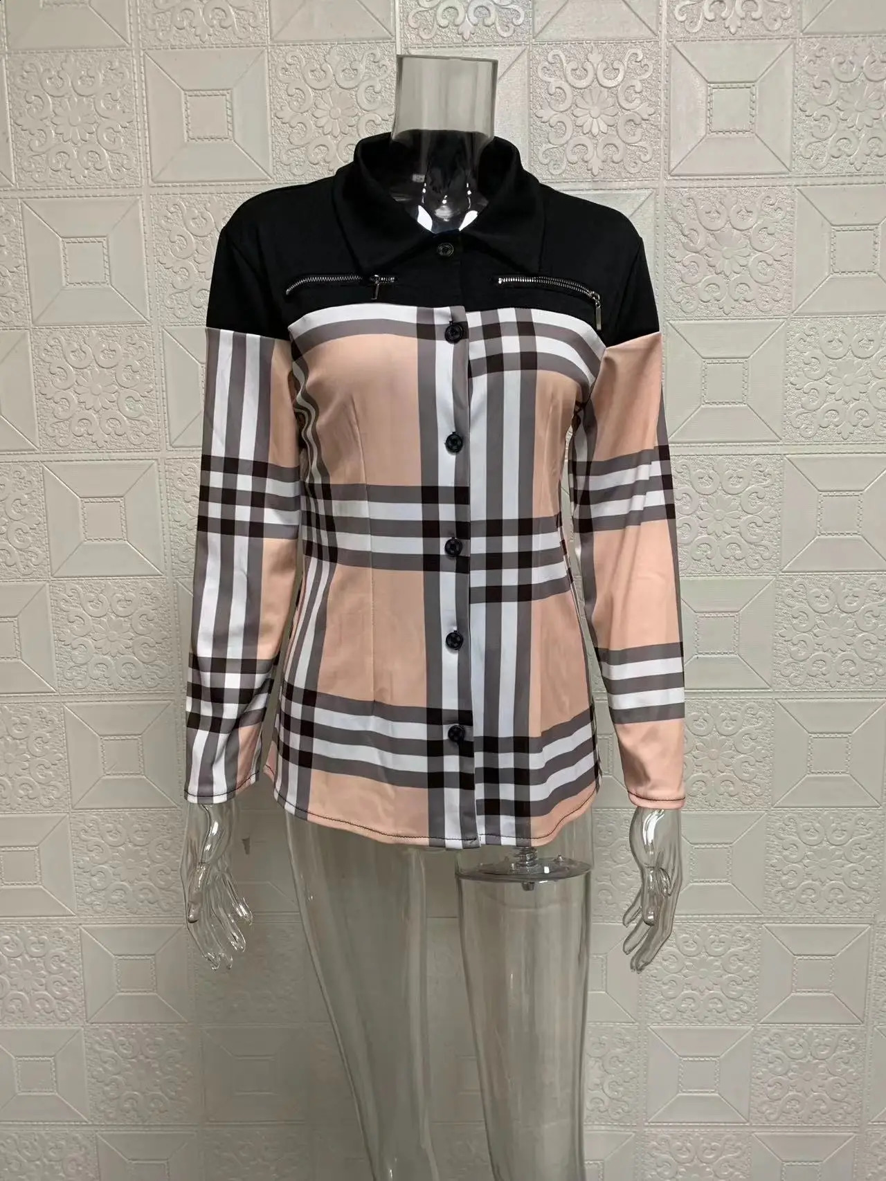European and American long sleeved single breasted color blocking printed lapel jacket 240802