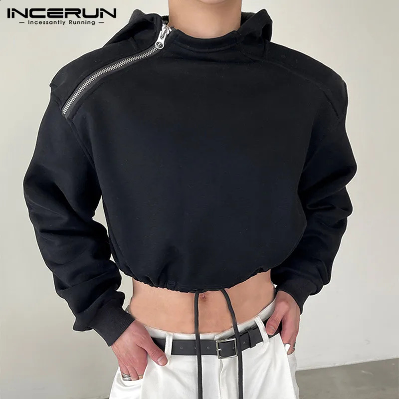 INCERUN Men Hoodies Solid Color Zipper Hooded Long Sleeve Streetwear Fashion Casual Sweatshirts Personality Crop Tops S-5XL 240805
