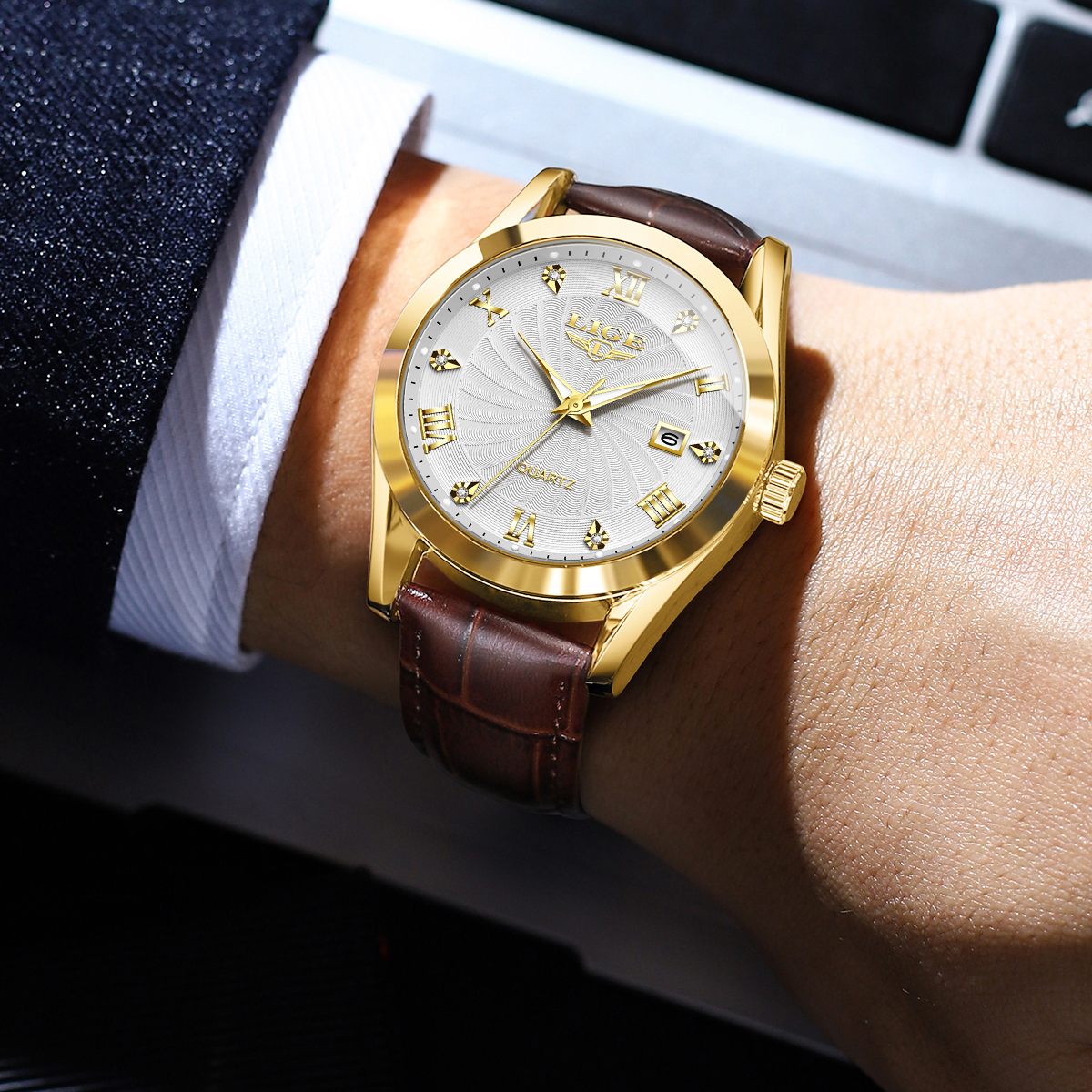 LIGE Men's Business Quartz Watch Premium Brand Watch Premium Leather strap Classic dial Men's Waterproof Watch Three pin calendar watch Holi