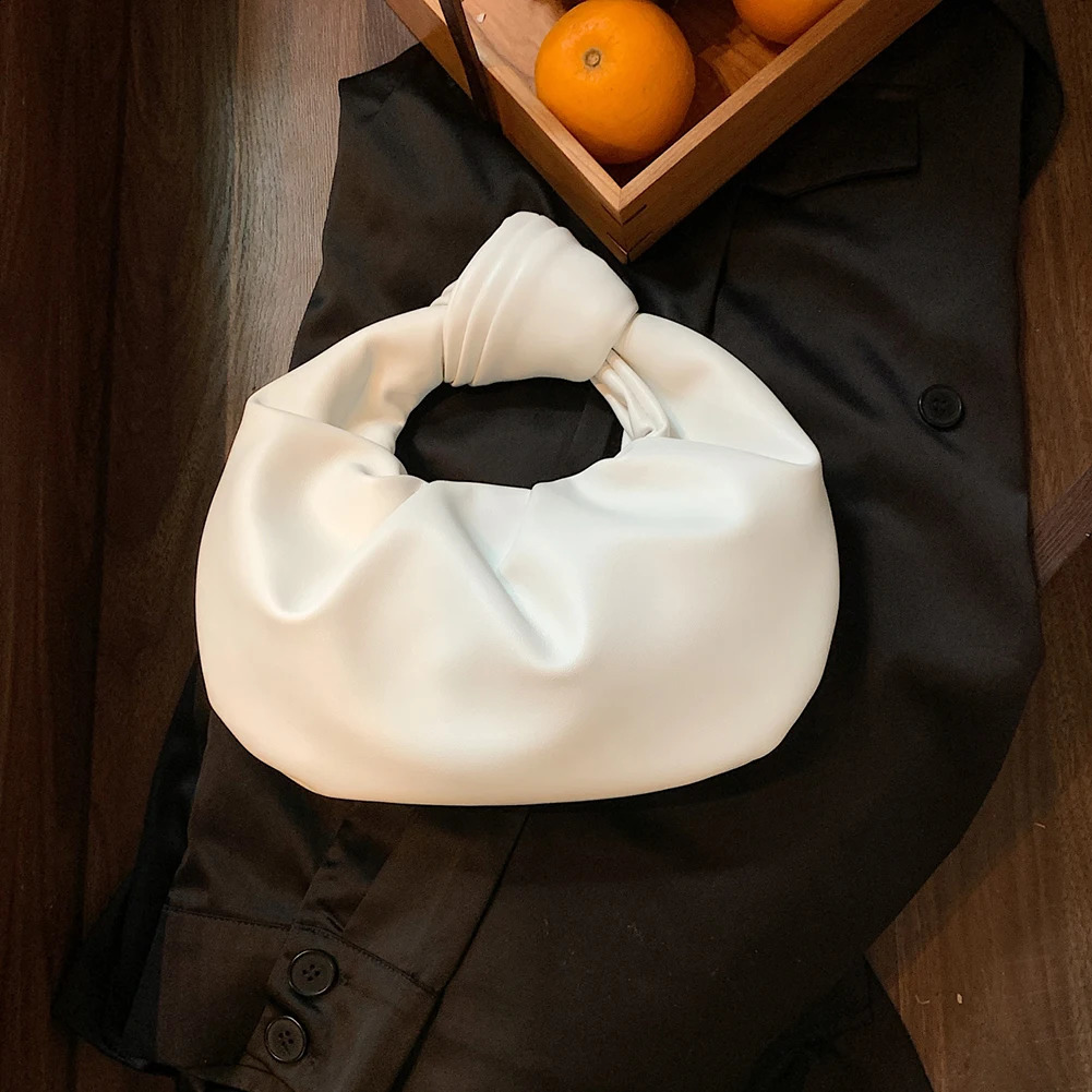 Women Small Knotted Handbags Solid Color PU Leather Knot Top Handle Bag Simple Cloud Wrist for Party Vacation 240802