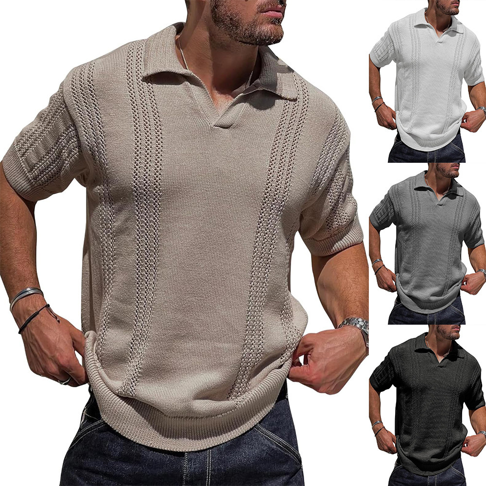 Summer new fashionable knitted polo shirt short sleeved V-neck loose solid color hollow out men's top