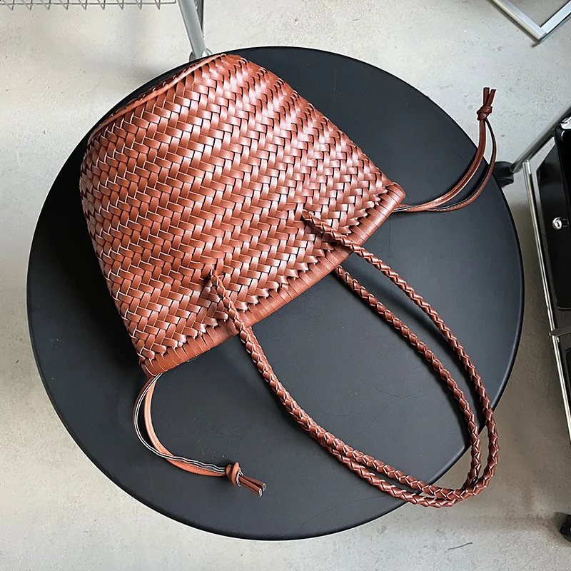 Summer One Shoulder Brown Woven Bag Women Seaside Sle Retro Premium Genuine Leather Vegetable Basket 240802