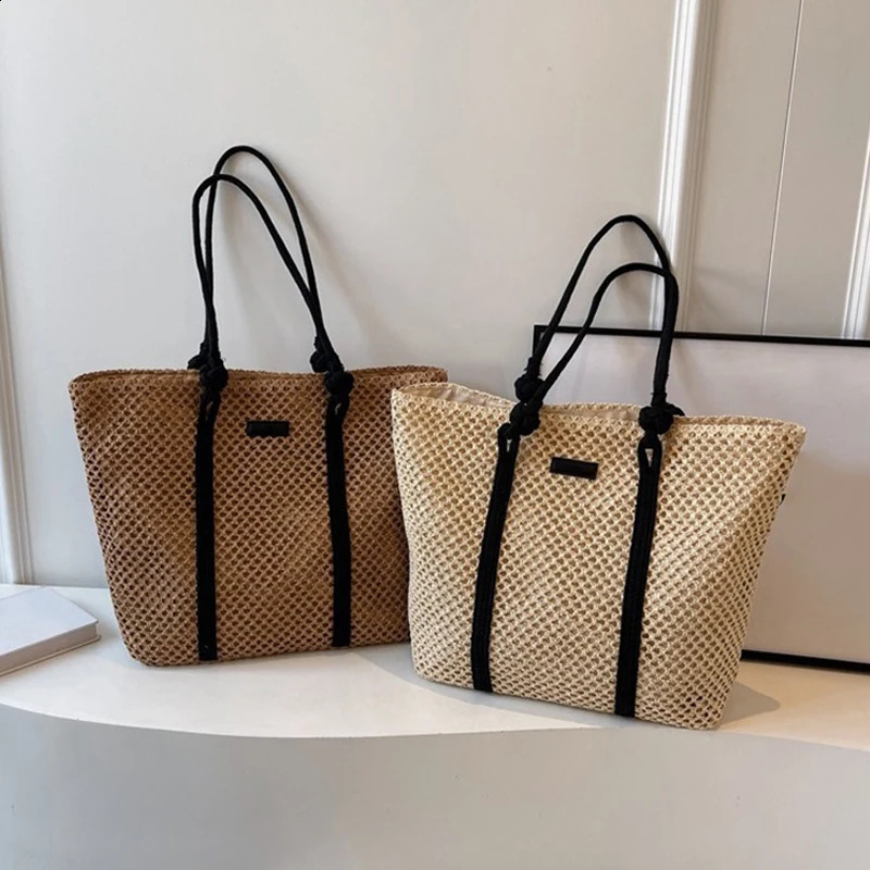 Summer Woven Straw Tote Bag Casual Beach Vacation Women Shoulder Bags Large Capacity Female Handbags Solid Color 240802