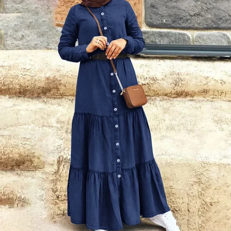 Womens S-5XL size European American and British denim dresses s stand up collar denim button long dress loose 240805