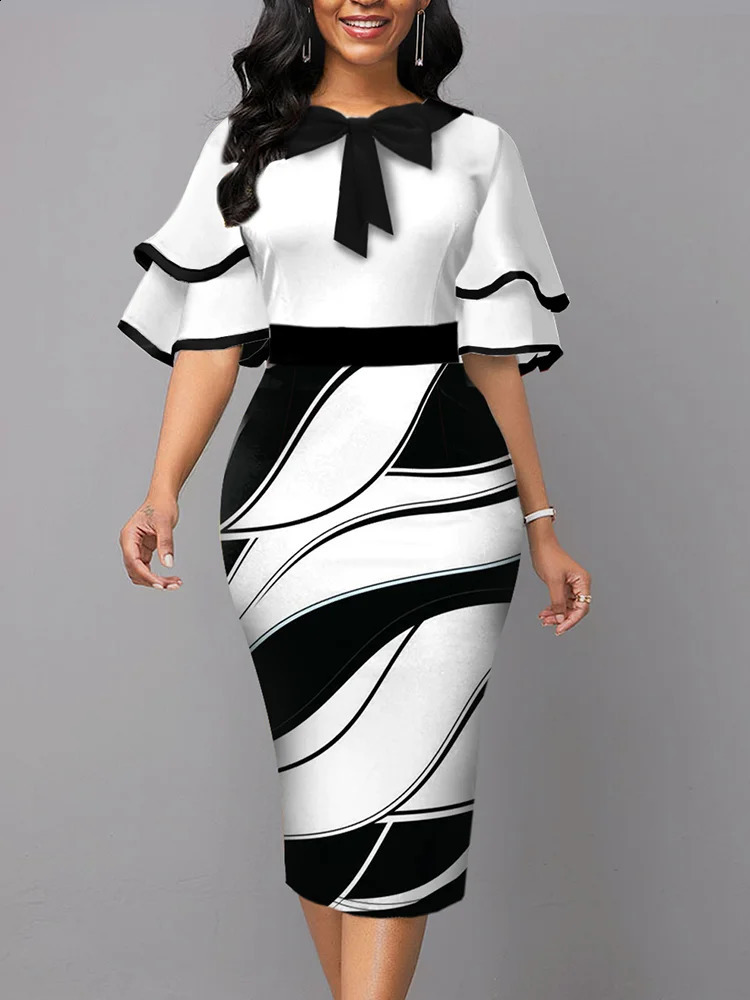 Dresses for Women Floral Bow Decoration and Lotus Leaf Sleeves Work Dress Office Lady Vestidos De Mujer Elegant Midi Robe Female 240805