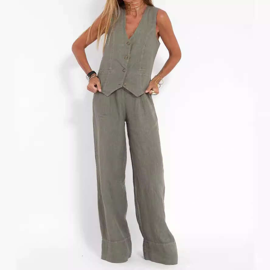 2024 New Fashion Vest Pants Splicing Cotton and Hemp Casual Set