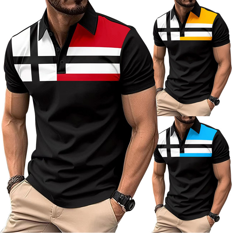 2024 short sleeved striped 3D printed Polo casual men's top