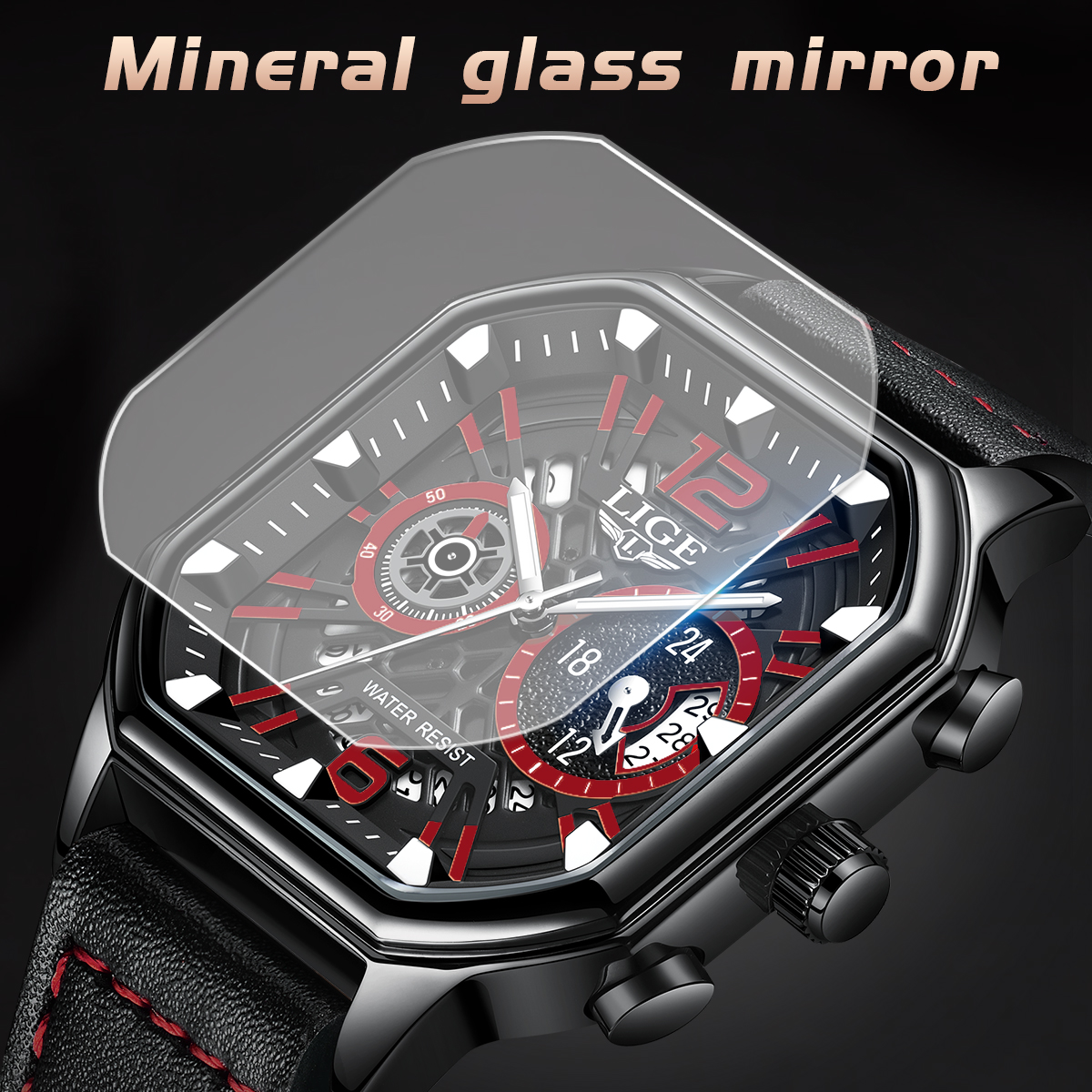 LIGE Men's Business Quartz watch Premium brand watch Premium leather strap Square dial Men's six-pin multi-function waterproof watch Holiday
