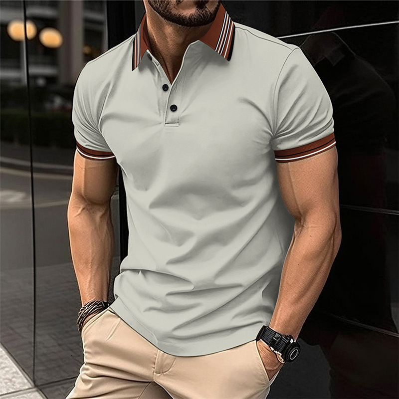 New men's solid color short sleeved polo shirt with a lapel collar