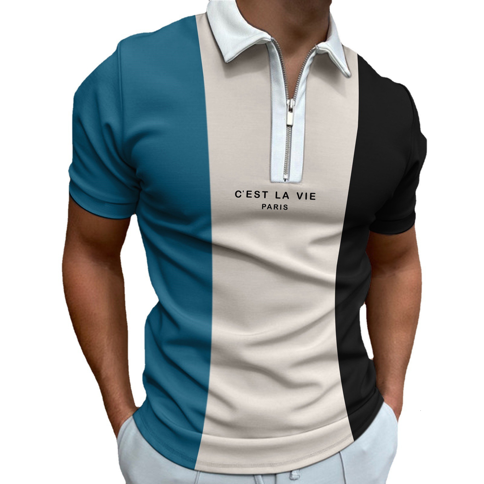 Summer men's zippered lapel 3D printed polo with multi-color casual color blocking short sleeved Polo shirt