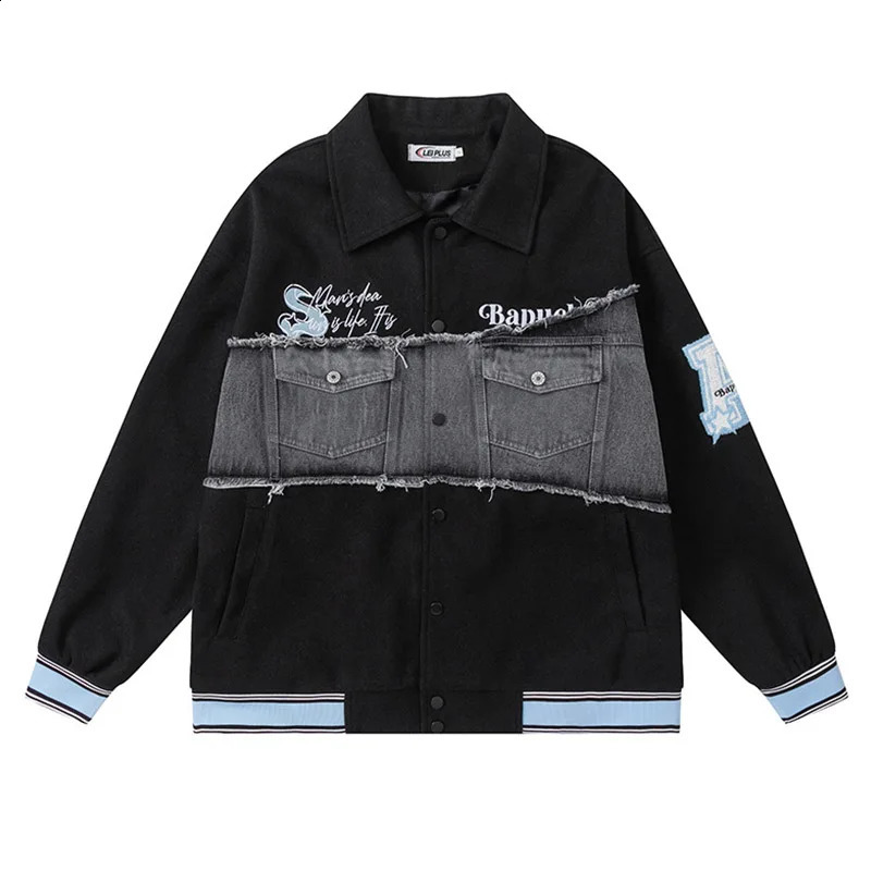 Super sized hiphop jeans patch work jacket mens Harakuju retro for spring and autumn 240824