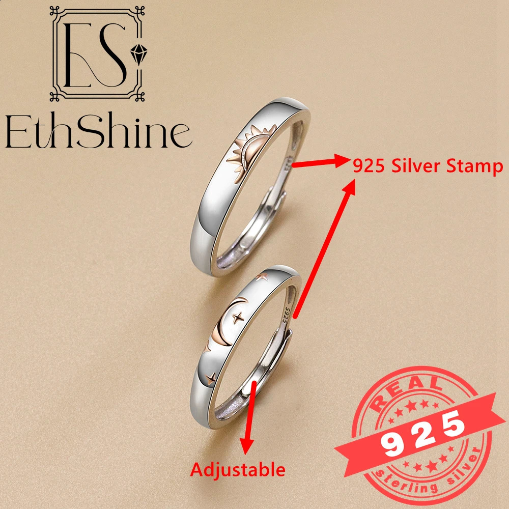 ETHSHINE 925 Sterling Silver Couple Ring Sun Moon Adjustable Open Ring Jewelry For Women Men Lover Wedding Anniversary Gifts 240905
