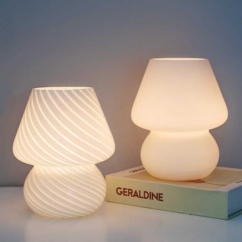 Ins Creative Glass LED Lamp Bedroom Bedside Table Night Light Striped Frosted Mushroom Table Simple Decoration Cute TranslucentM240731