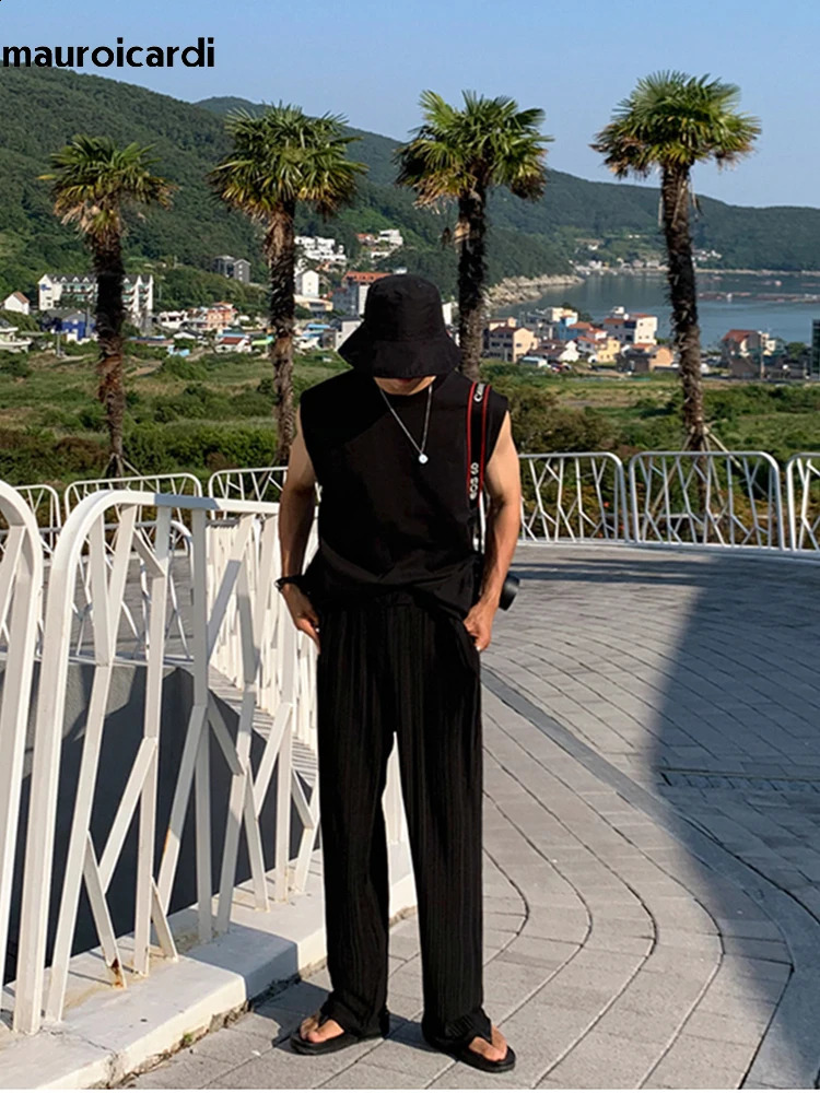 Mauroicardi Summer Black Thin Flowy Baggy Wide Leg Pants for Mens Streetwear Korean Clothing Fashion Loose Casual Soft Trousers 240805