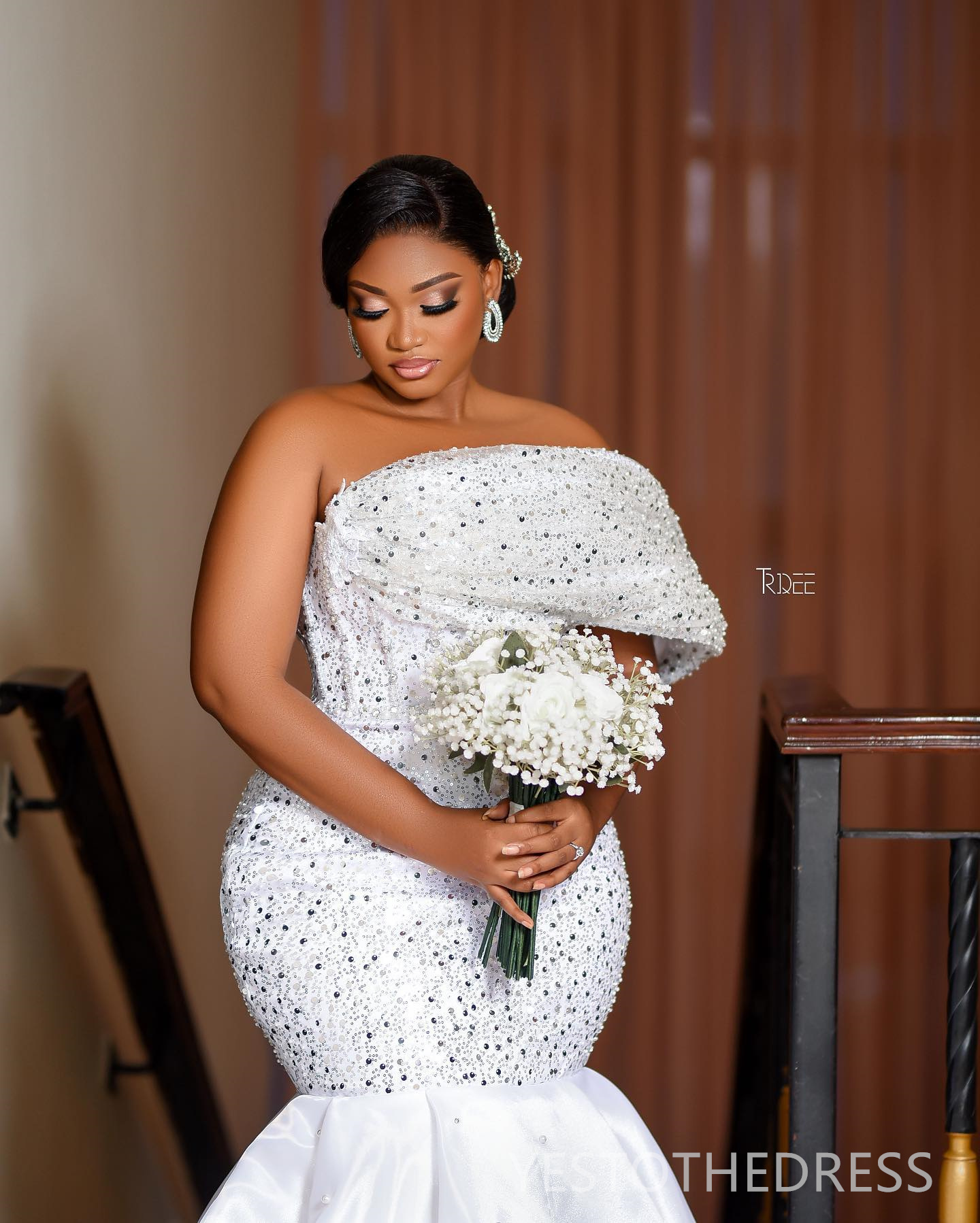 R&W 2024 Aso Ebi Plus Size Mermaid Dress Bridal Bride One Shoulder Sequined Lace Beaded Pearls Wedding Gowns for Marriage D289