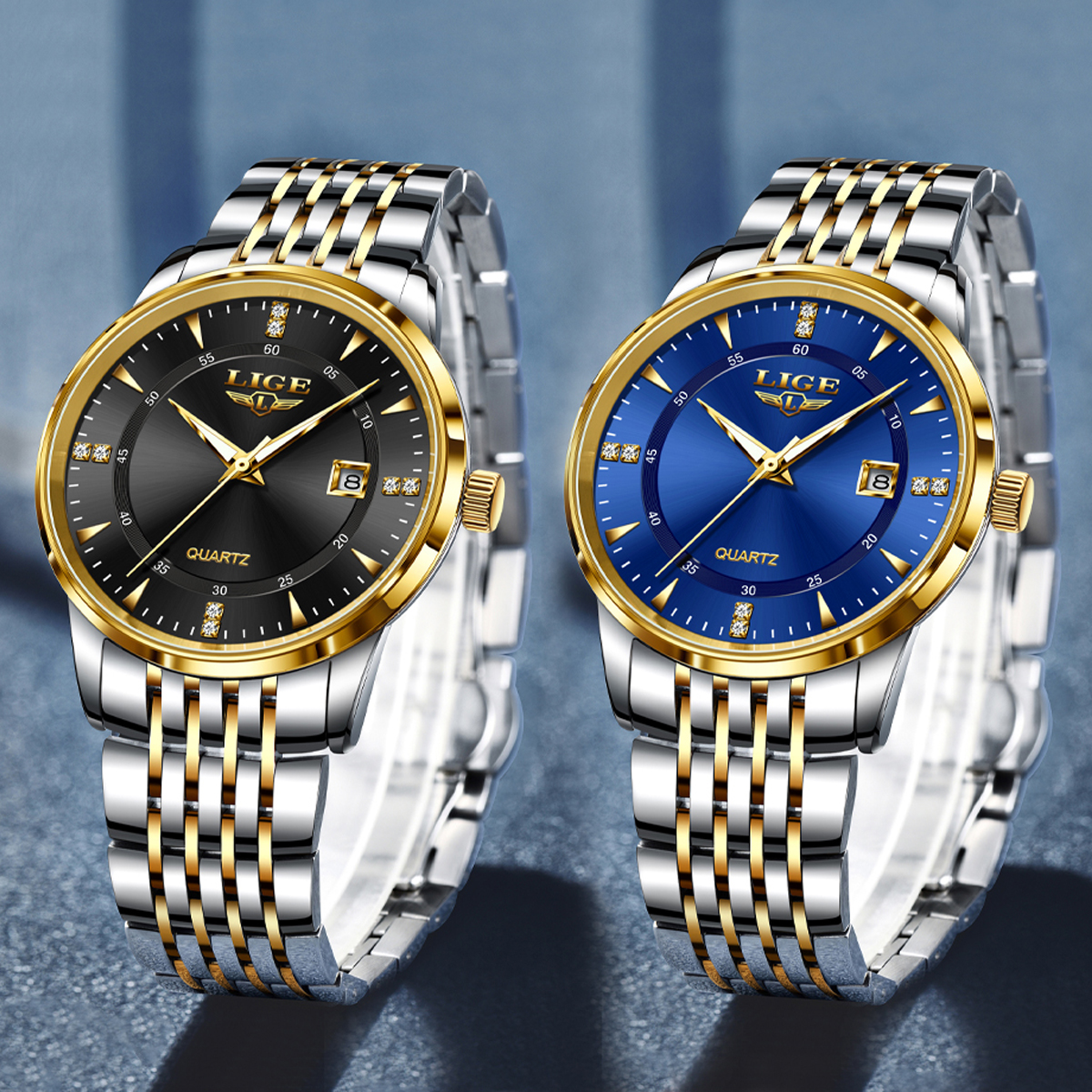 LIGE Men's Business Quartz Watch Stainless Steel strap Classic dial Men's Waterproof Watch Three pin Calendar watch Holiday gift Ultra-thin 