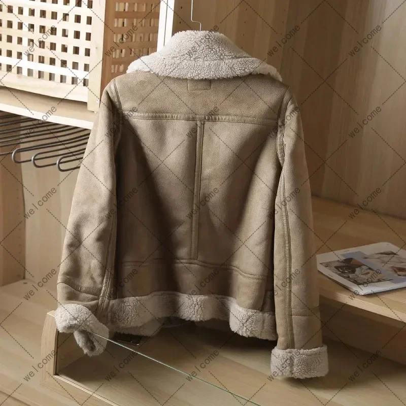 Winter womens thick warm suede sheepskin jacket short motorcycle brown artificial wool 240824