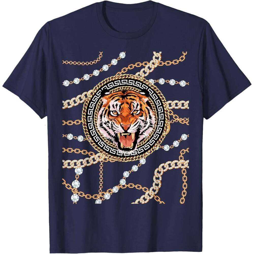T shirt Mens Rich Wild Tiger with Printed Gold Chains Diamonds Style T-Shirt shirts tshirt graphic tee Casual tops summer clothes Short sleeve