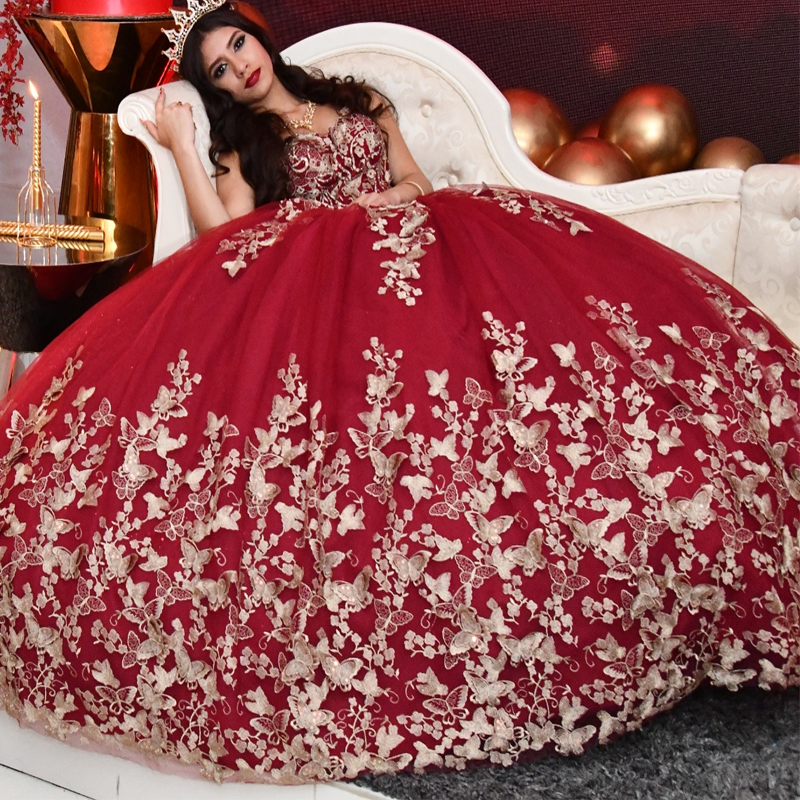 Red Quinceanera Dress Ball Gown Off The Shoulder Gold Bow Beads Tull Corset Birthday Party Sweet 16 Vestidos De 15 Anos