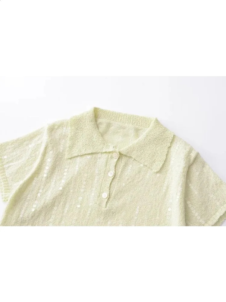 TRAF T-shirts for Women Knitted Sequins Tshirts Blouse Tops Summer Shirt Fashion Top Short Sleeve Buttons POLO Collar 240805