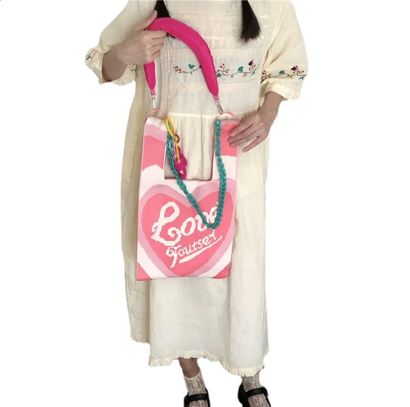 love letter Print Crochet Shopper Bag Knitting Hollow Out Shoulder Beach Casual LazinessStyle Handbag Women Shopping Bags 240805