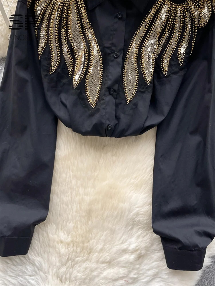SINGREINY Sequines Wing Chiffon Shirt Women Elegant Lapel Long Sleeve Beading Fashion 2024 Spring Lady Slim Casual Blouse 240805