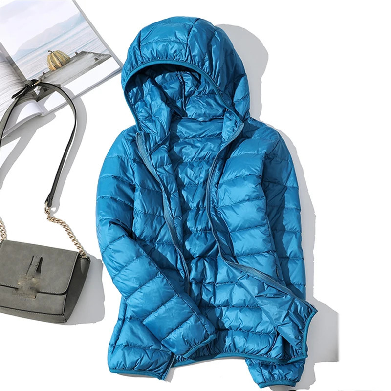 Winter womens Ultralight thin down jacket white duck hooded long sleeved warm Parka portable 240823