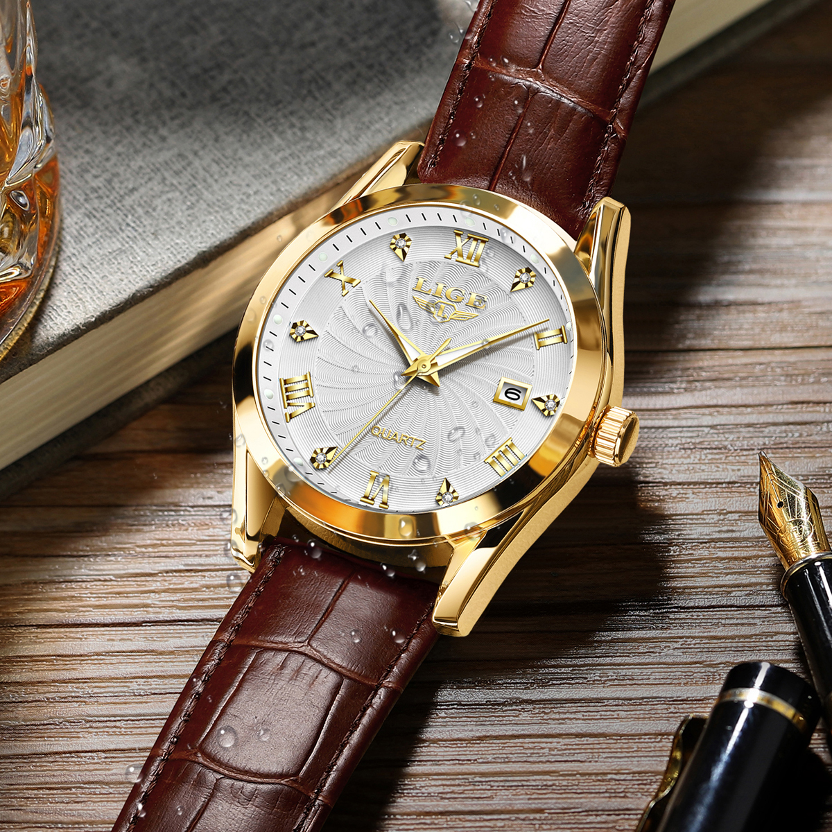 LIGE Men's Business Quartz Watch Premium Brand Watch Premium Leather strap Classic dial Men's Waterproof Watch Three pin calendar watch Holi