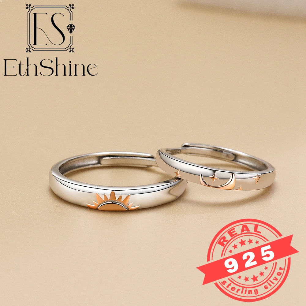 ETHSHINE 925 Sterling Silver Couple Ring Sun Moon Adjustable Open Ring Jewelry For Women Men Lover Wedding Anniversary Gifts 240905
