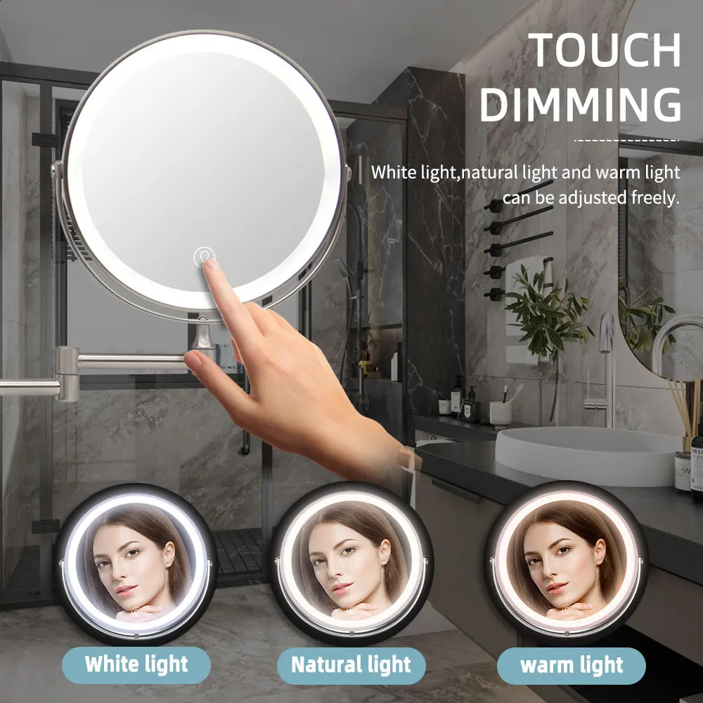8inch wall mounted bathroom mirror with adjustable LED makeup 10X magnifying touch 240729