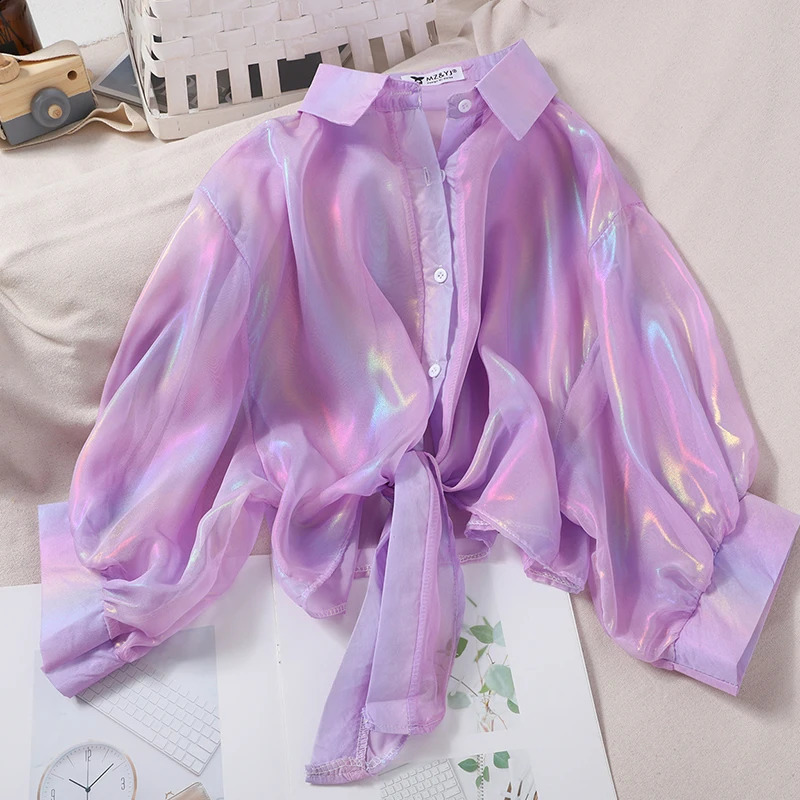 HELIAR Buttoned Up Shirts Women Half Sleeve Shining Sparkles Tied Waist Sexy Chiffon Blouses Shirts For Women Summer Autumn 240805