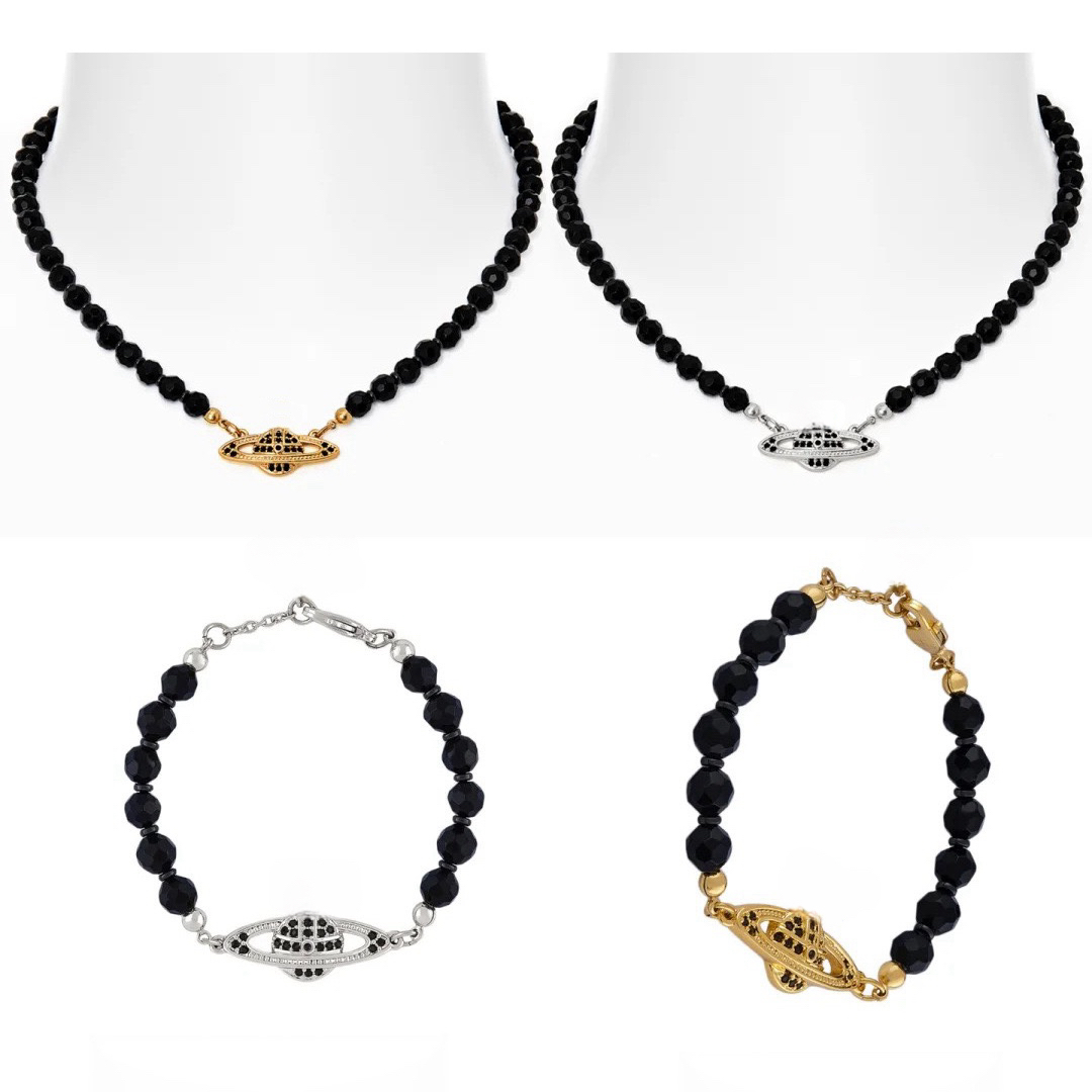 Classic punk necklace single-layer black agate necklace men women Saturn bracelets designer planetary bead necklace with box