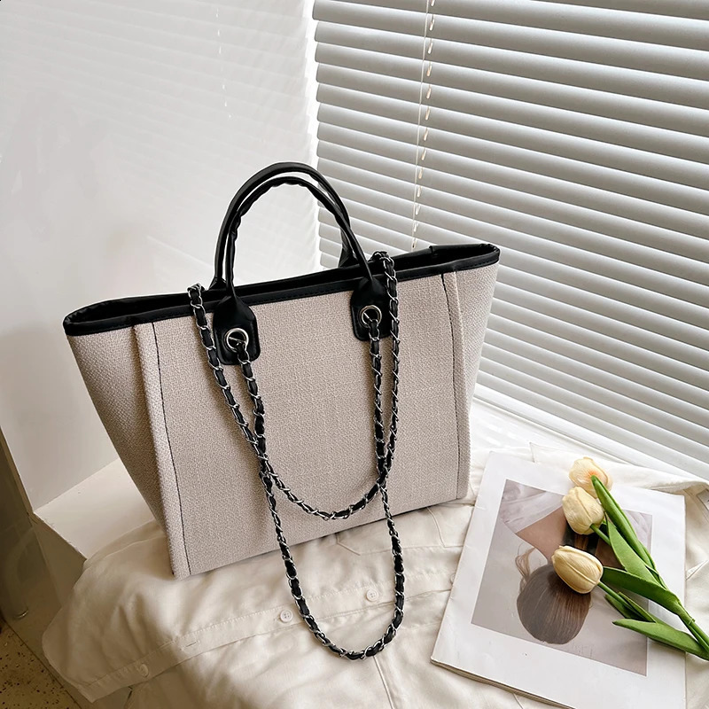 Fashion Simple Canvas Material Chain Bag Large Capacity Chain Zipper Womens Shoulder Bag Tote Bag For Commuter Shopping 240816
