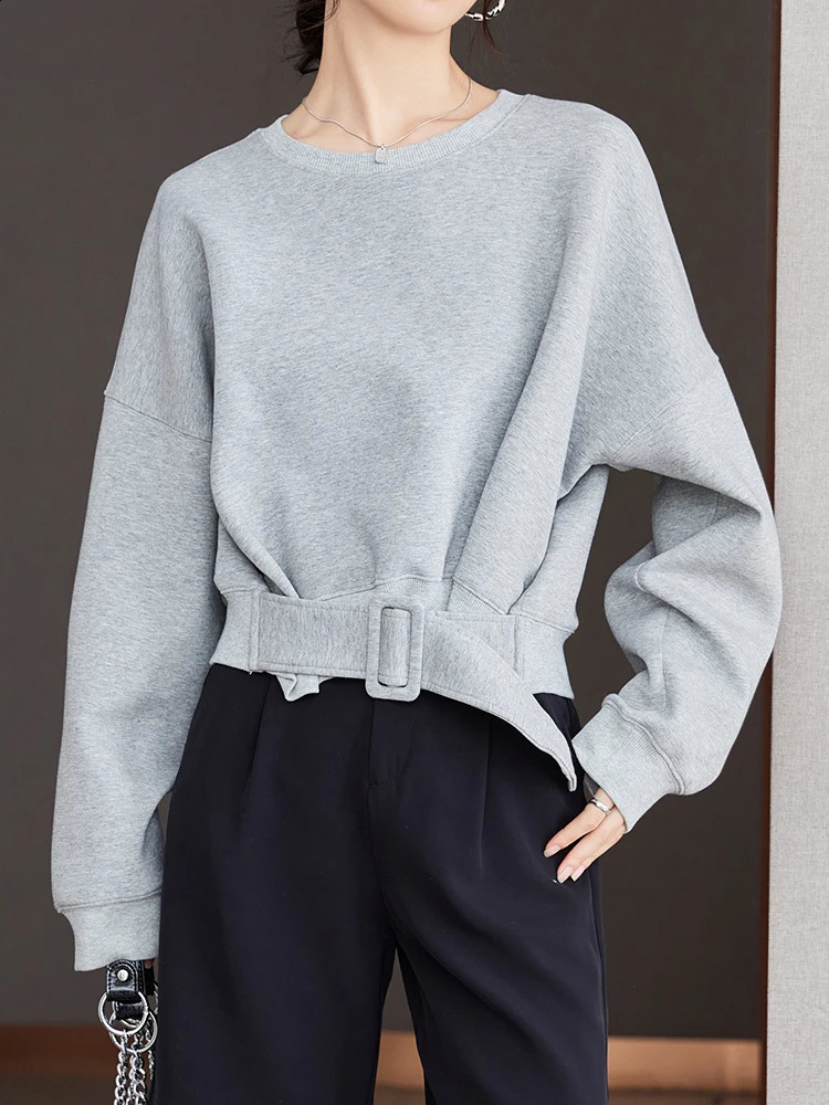 Stylish Grey Sweatshirts Autumn Winter Women Plain Long Sleeve Belt Waist Loose Casual Oversize Pullovers Korean Short Jumper 240813