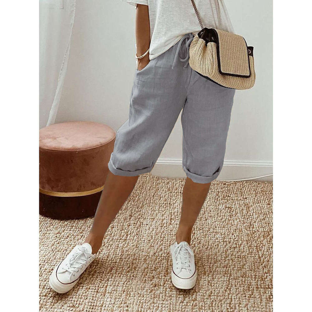 2024 Cotton and Hemp Pocket Elastic Casual Womens Pants 5/4 Nine Points Plaid Trousers Hip-hop Style Jeans for Pregnant Women Half Pants for Men