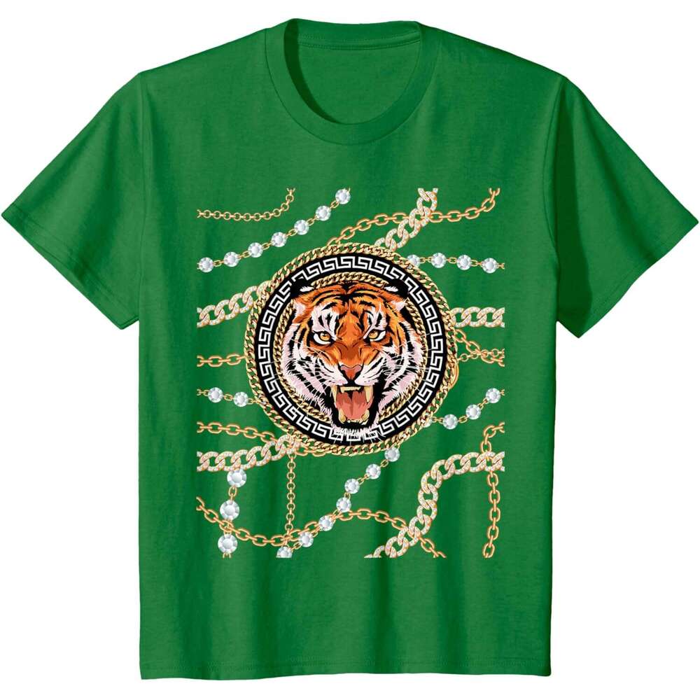 T shirt Mens Rich Wild Tiger with Printed Gold Chains Diamonds Style T-Shirt shirts tshirt graphic tee Casual tops summer clothes Short sleeve