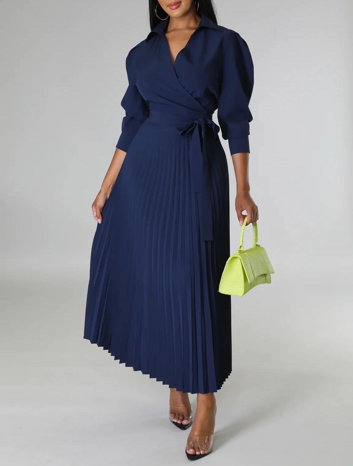 Summer Pleated Maxi Dress Women Casual Solid Turn Down Collar Half Sleeve Ruched Party Club Work Business Wedding Dress Women 240805