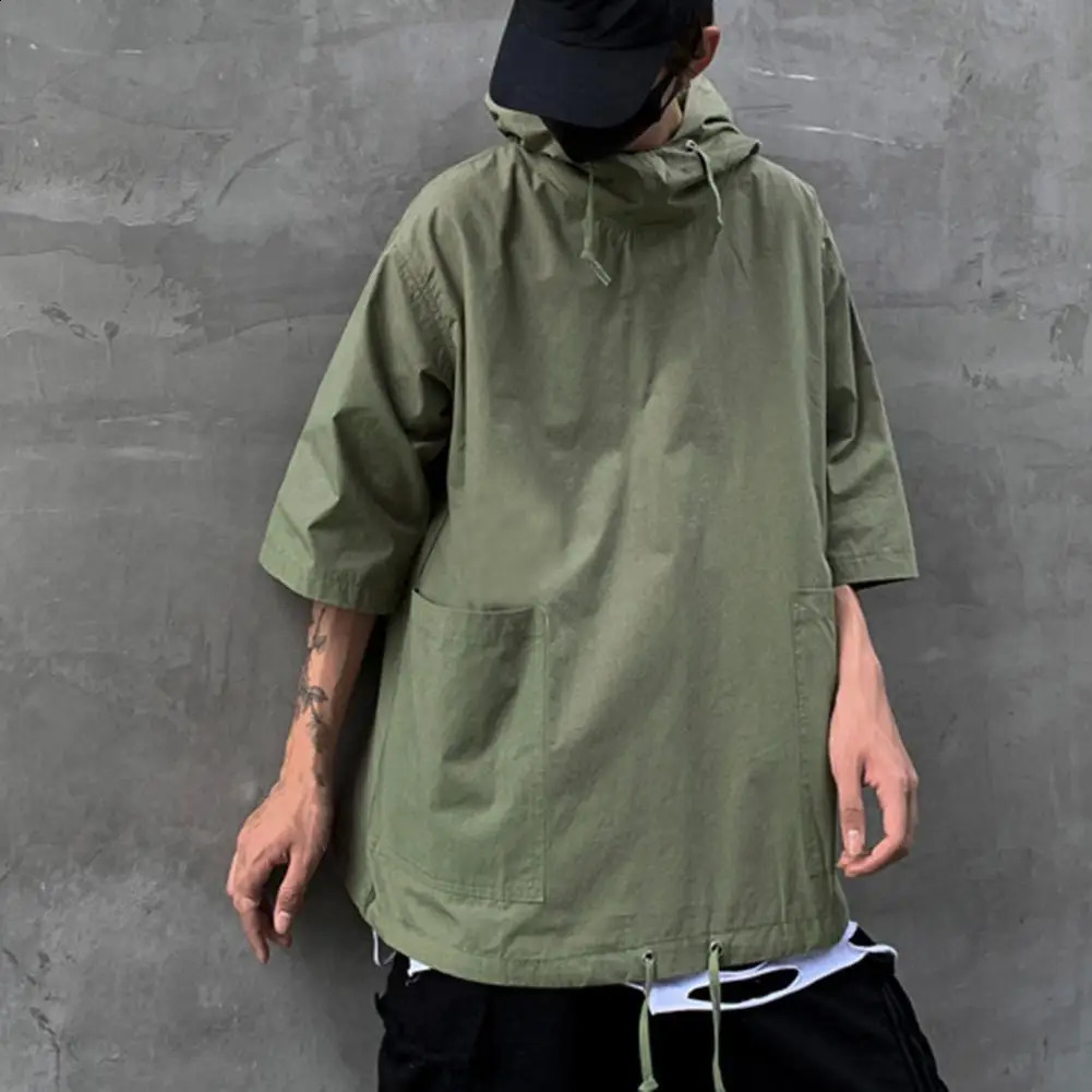 Drop Mens Pullover Hooded Half Sleeve Top Soft Big Pocket Loose T-shirt for Everyday 240805