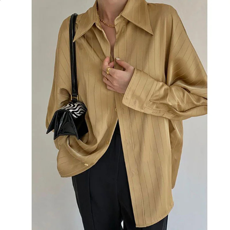 Fashion Striped Satin Silk Shirt Vintage Lapel Up Blouse Women Lady Long Sleeves Female Loose Solid Street Shirts 240805