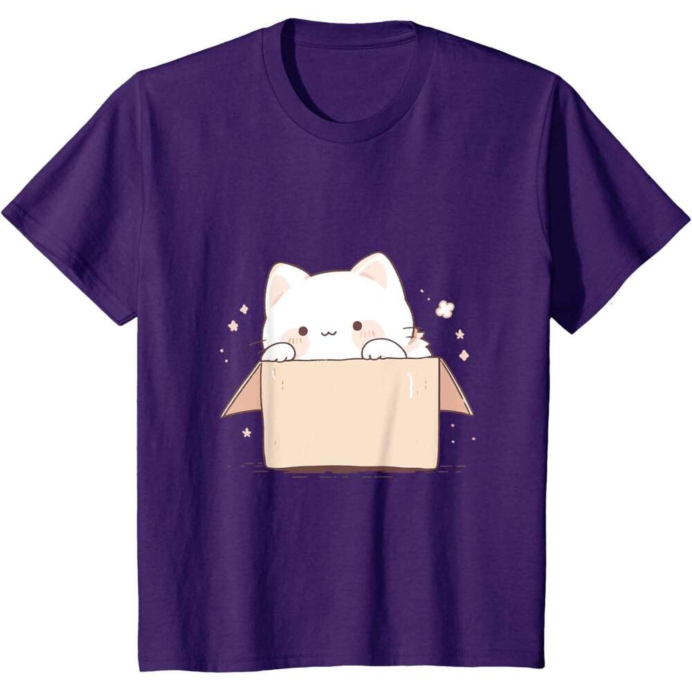 T shirt Mens Cute White Cat in a Box Japanese Kawaii Cartoon Graphic T-Shirt shirts tshirt graphic tee Casual tops summer clothes Short sleeve Free sh