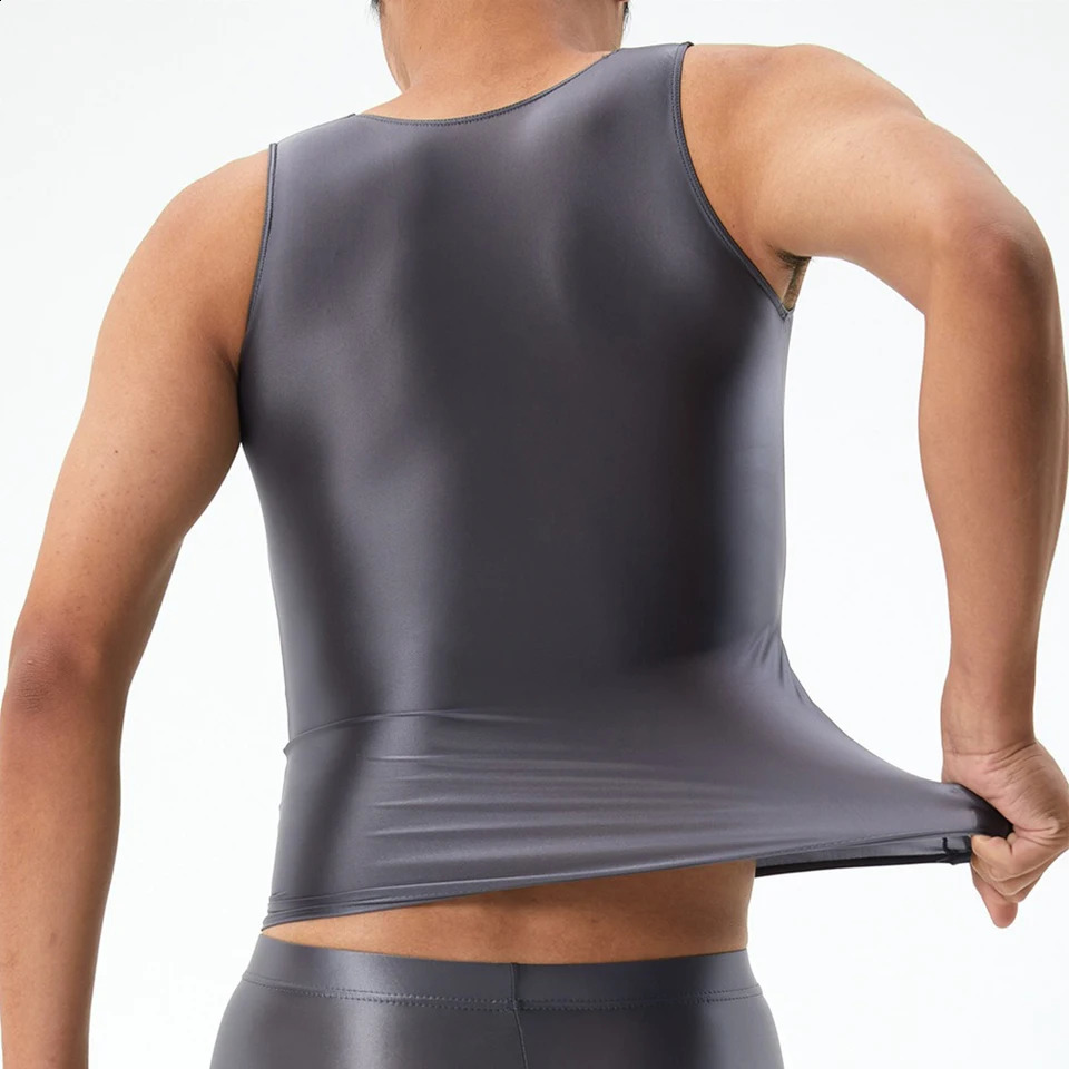 Mens Seamless Elastic Tops Oil Shiny Sleeveless Smooth Solid Tank Top Tights Male ONeck Widely Applicable Running Undershirt 240819