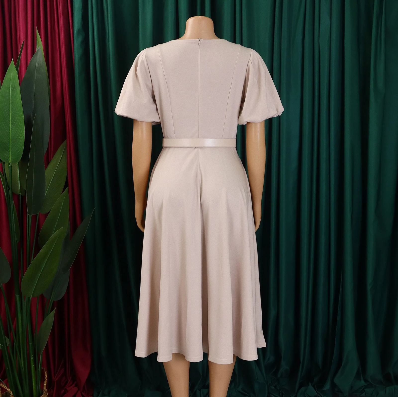 Elegant Office Dress for Women Professional O Neck Short Sleeve Belt Waisted A Line Mid Calf Formal Business Work Dress Midi 240805