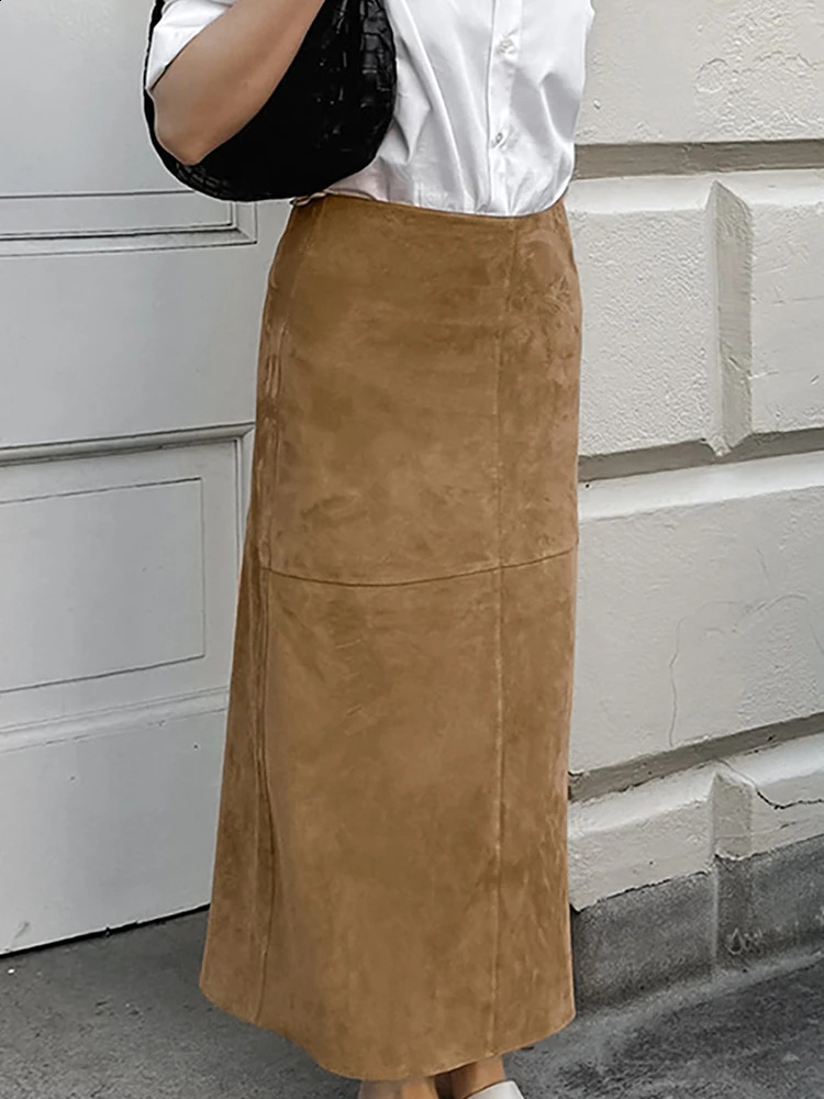 Aynaray Autumn Winter Women Maxi Suede Skirts Solid Khaki High Waist Flare Trumpet Long Skirt For Women 240805