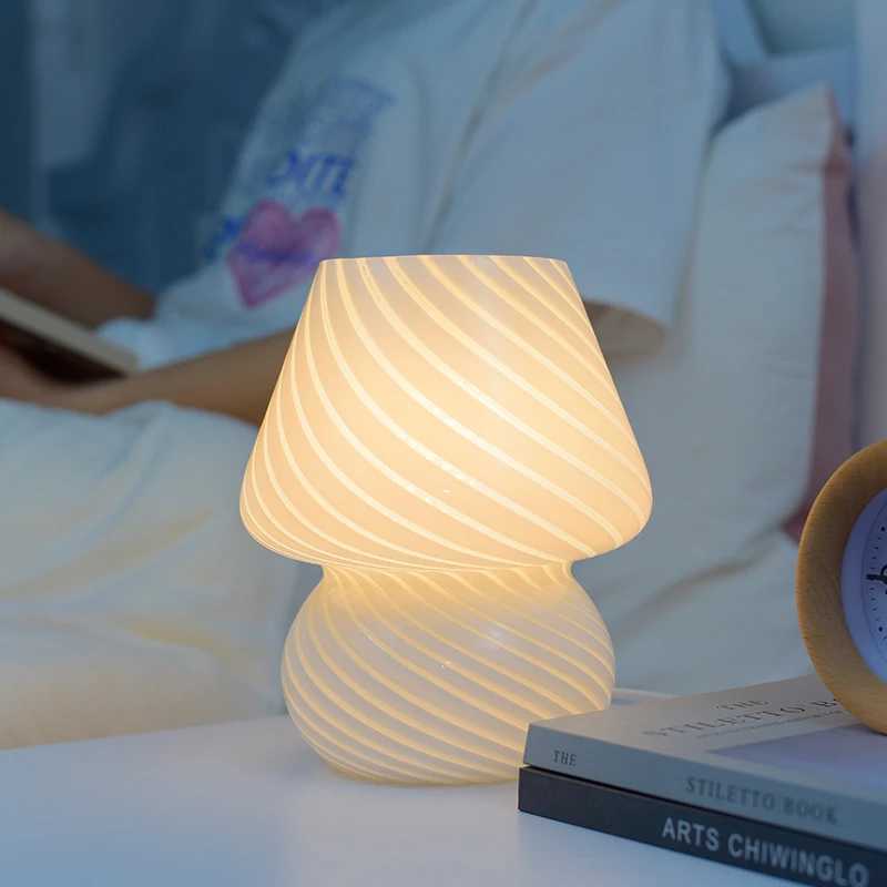 Ins Creative Glass LED Lamp Bedroom Bedside Table Night Light Striped Frosted Mushroom Table Simple Decoration Cute TranslucentM240731