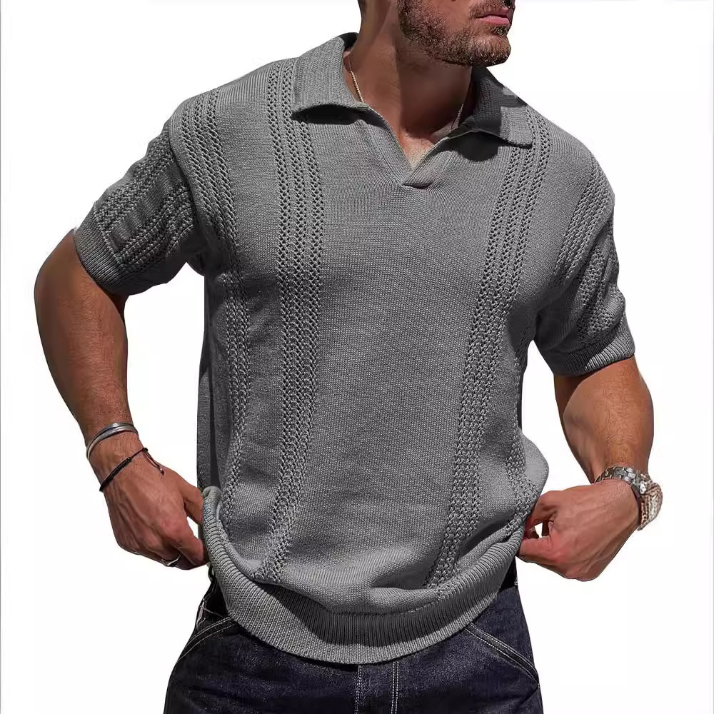 Summer new fashionable knitted polo shirt short sleeved V-neck loose solid color hollow out men's top