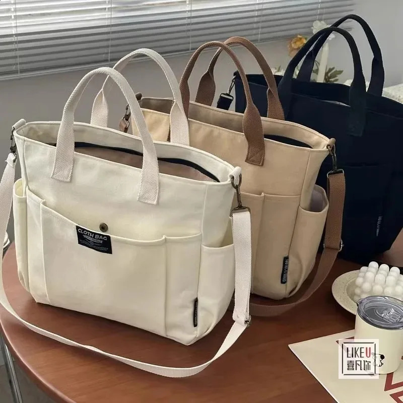 Urban Minimalist Female Student Large Capacity Commuting Horizontal Canvas Single Shoulder Diagonal Cross Portable Tote Bag 240805