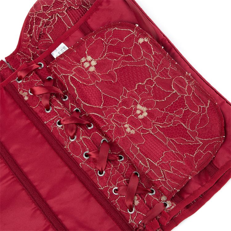 Women Gold Lace Overlay Red Overbust Bustier Bridal Corset Shapewear Christmas Fashion Showgirl Clubwear Shaper