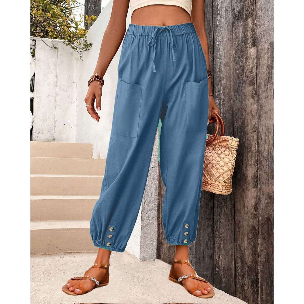 2024 Loose Fit High Waisted Buttoned Cotton and Linen Cropped Pants Wide Leg Womens Pants Straight Tube Waterproof Trousers Man Pants Trousers Cartoon